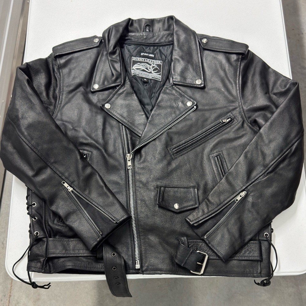 Event Leather Motorcycle Jacket Mens XL Black Excellent Asymmetrical Zip Belted